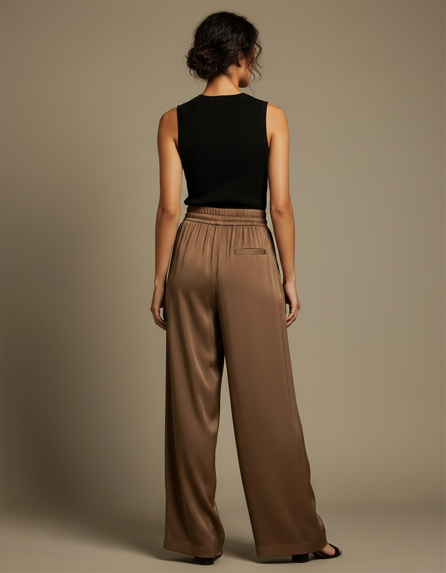 Pantalon Fluide Marron Satiné Ample Décontracté Femme - vue 2