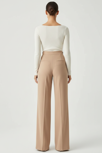 Pantalon Fluide Beige Taille Haute Ample Élégant Femme - Polyester - vue 2