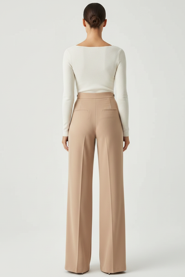 Pantalon Fluide Beige Taille Haute Ample Élégant Femme - Polyester - vue 2