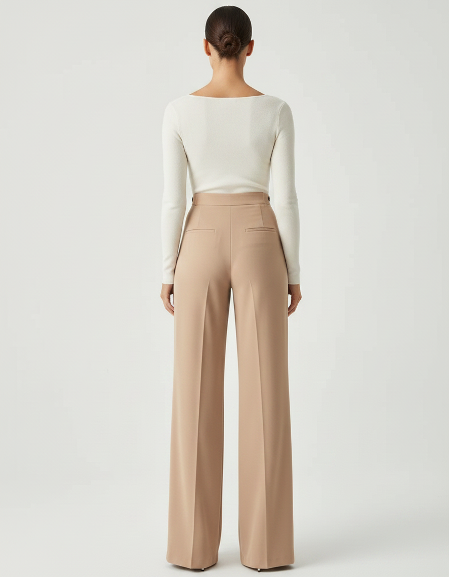 Pantalon Fluide Beige Taille Haute Ample Élégant Femme - Polyester - vue 2