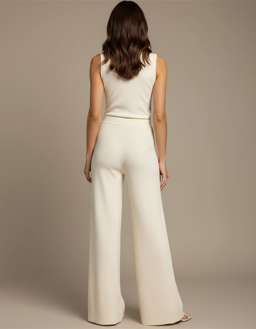 Pantalon Fluide Écru Maille Large Confortable Femme - Beige - vue 2
