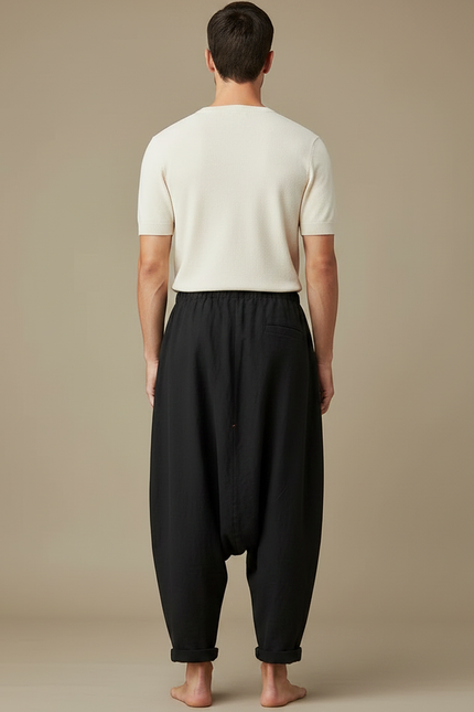 Pantalon Fluide Noir Ample Lin Homme Décontracté - vue 2
