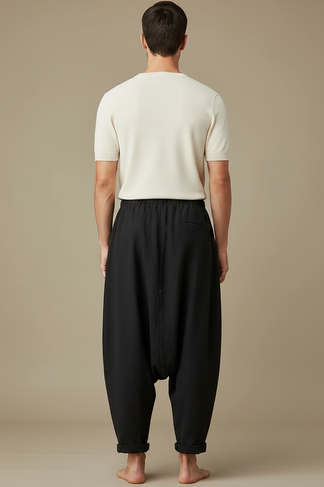 Pantalon Fluide Noir Ample Lin Homme Décontracté - vue 2