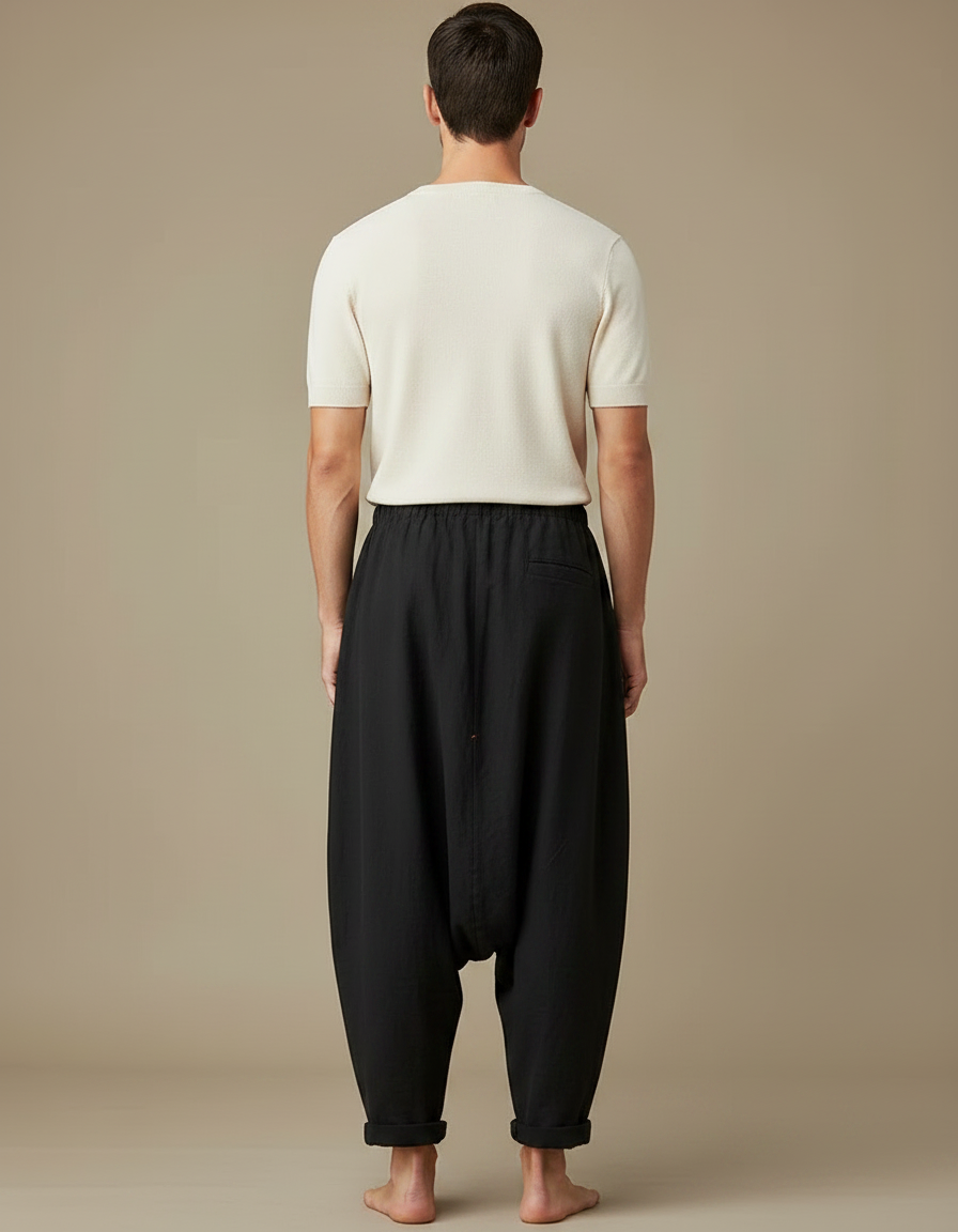 Pantalon Fluide Noir Ample Lin Homme Décontracté - vue 2