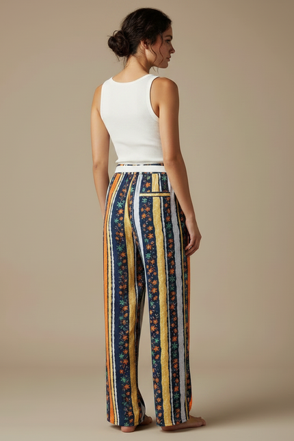 Pantalon Fluide Rayures Florales Ethnique Ample Bohème - Multicolore Viscose - vue 2