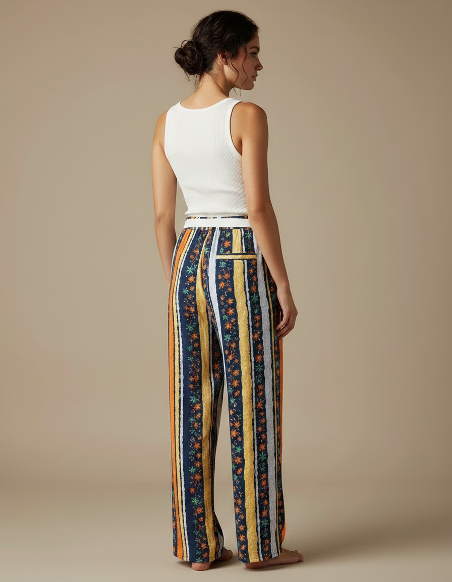 Pantalon Fluide Rayures Florales Ethnique Ample Bohème - Multicolore Viscose - vue 2