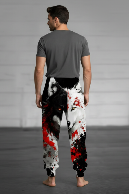 Pantalon Fluide Noir Ample Imprimé Loup Bicolore Homme - Multicolore Molleton - vue 2