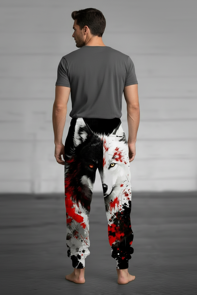 Pantalon Fluide Noir Ample Imprimé Loup Bicolore Homme - Multicolore Molleton - vue 2