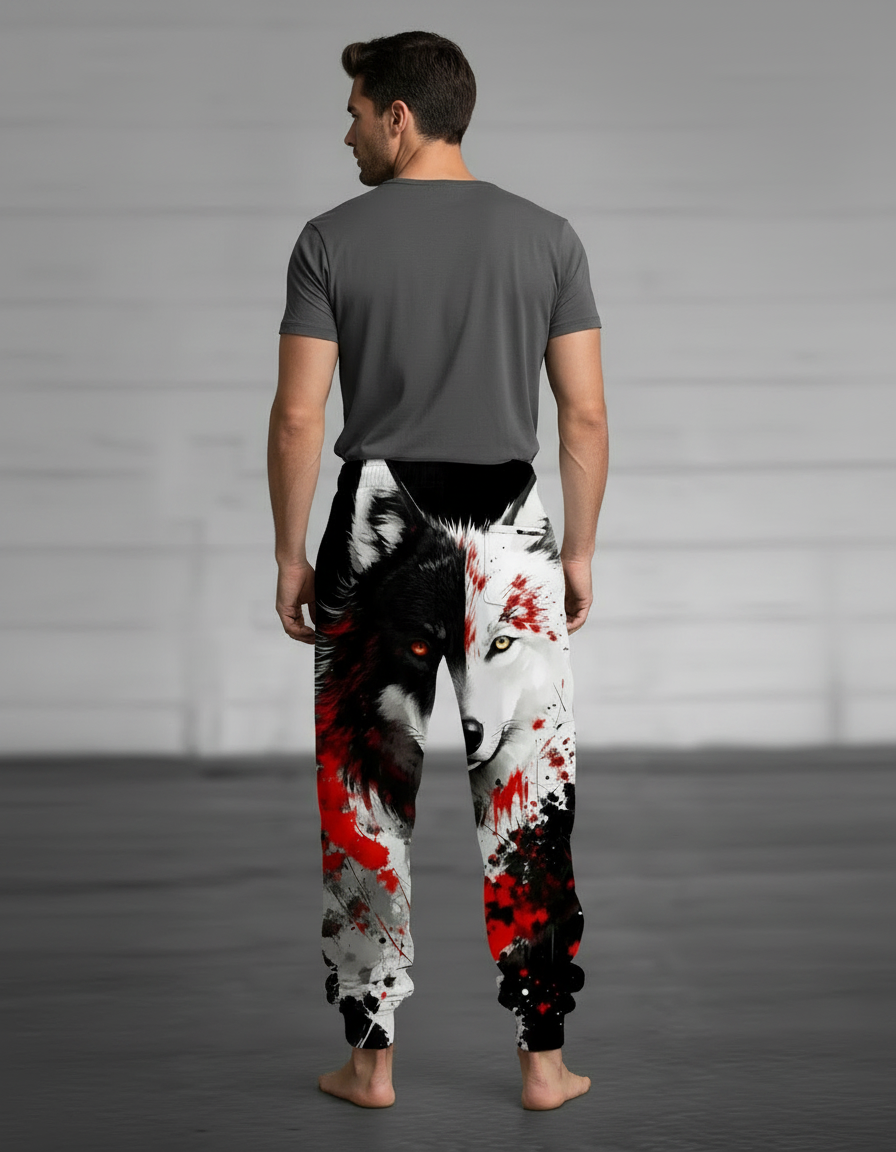 Pantalon Fluide Noir Ample Imprimé Loup Bicolore Homme - Multicolore Molleton - vue 2