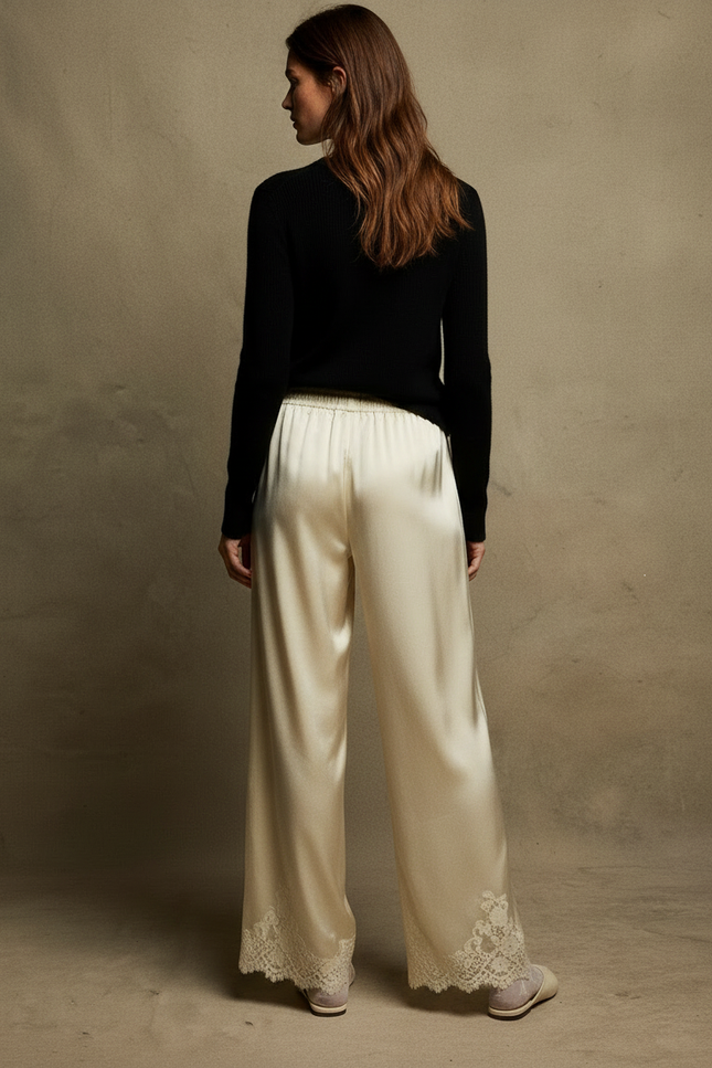 Pantalon Fluide Satiné Écru Ample Dentelle Élégant - Beige - vue 2