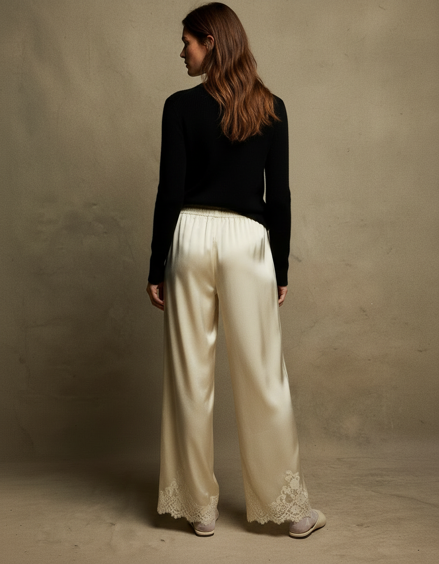 Pantalon Fluide Satiné Écru Ample Dentelle Élégant - Beige - vue 2