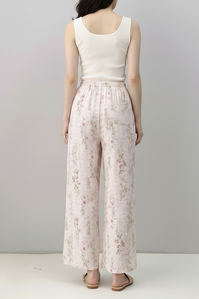 Pantalon Fluide Rose Floral Ample Décontracté Cordon - Viscose - vue 2