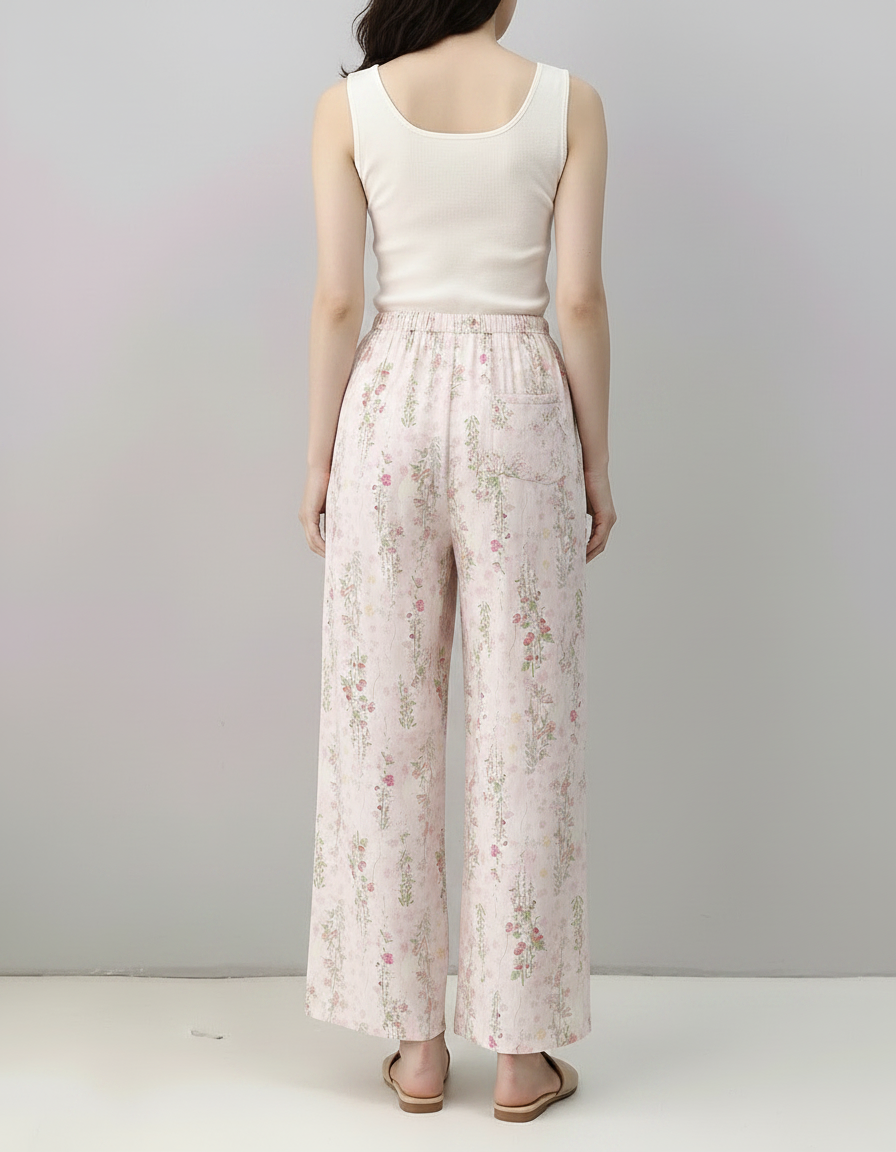 Pantalon Fluide Rose Floral Ample Décontracté Cordon - Viscose - vue 2