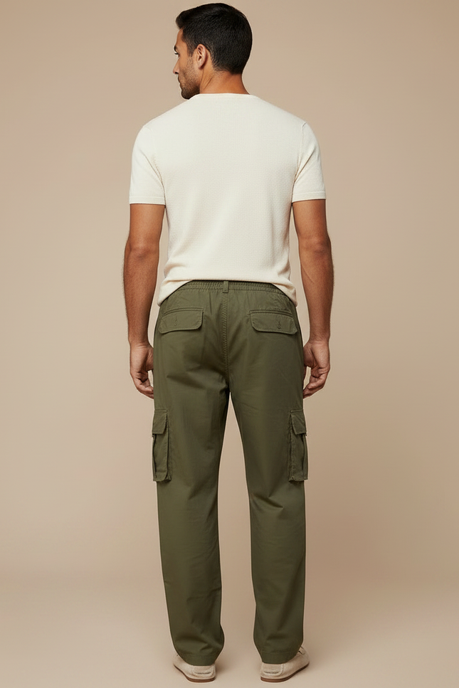 Pantalon Fluide Cargo Vert Kaki Coton Multi-Poches Homme - vue 2