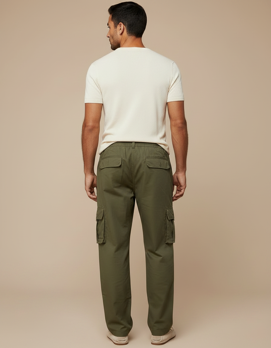 Pantalon Fluide Cargo Vert Kaki Coton Multi-Poches Homme - vue 2