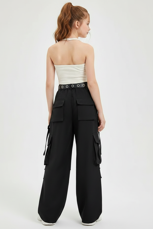 Pantalon Fluide Noir Cargo Ample Ceinture Fille - Gabardine - vue 2