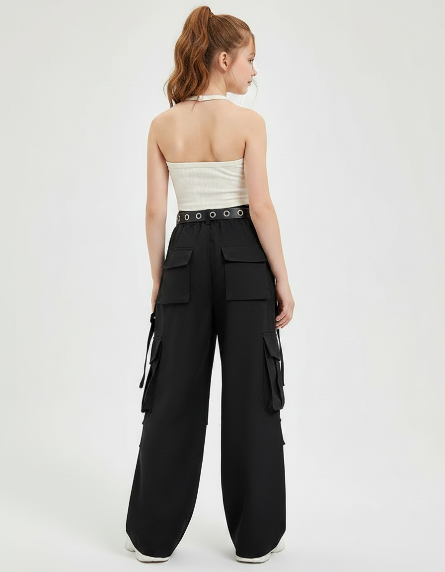 Pantalon Fluide Noir Cargo Ample Ceinture Fille - Gabardine - vue 2