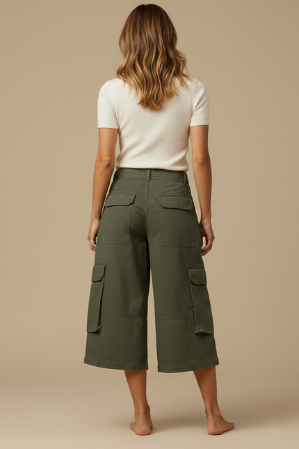 Pantalon Fluide Cargo Vert Ample Coton Décontracté - Kaki Toile - vue 2