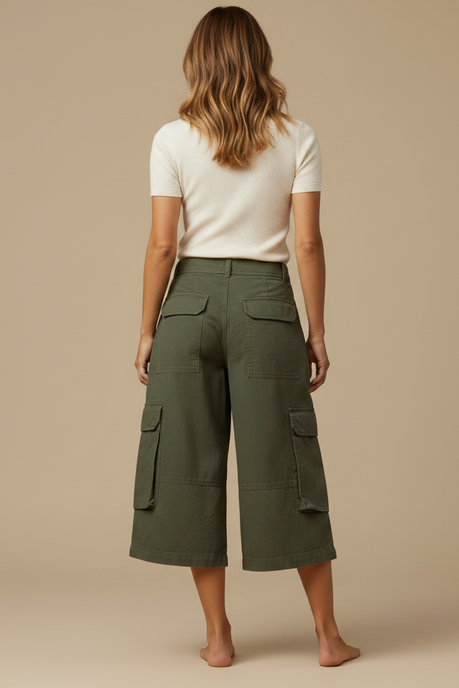 Pantalon Fluide Cargo Vert Ample Coton Décontracté - Kaki Toile - vue 2