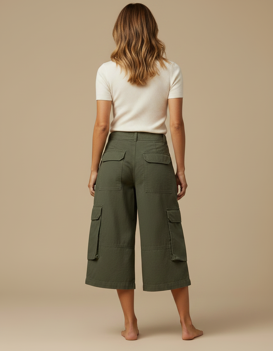 Pantalon Fluide Cargo Vert Ample Coton Décontracté - Kaki Toile - vue 2