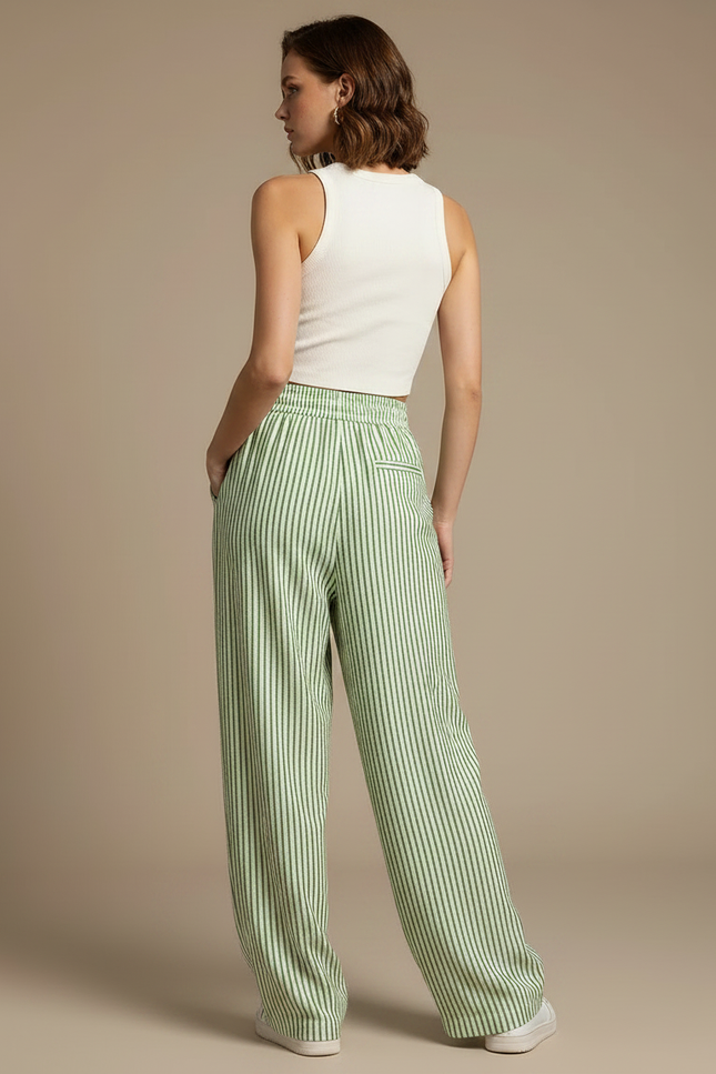 Pantalon Fluide Rayé Vert Cordon Ample Décontracté - Lin - vue 2