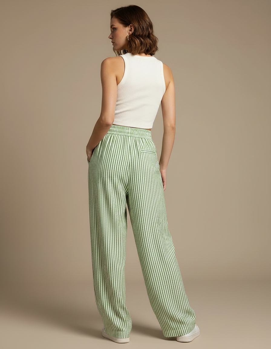 Pantalon Fluide Rayé Vert Cordon Ample Décontracté - Lin - vue 2
