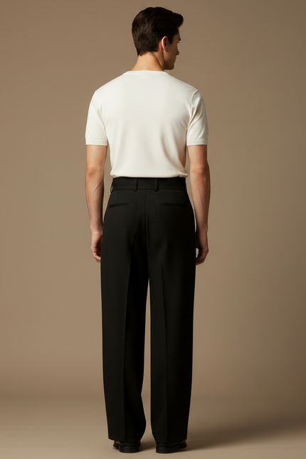 Pantalon Fluide Noir Plissé Droit Élégant Homme - Laine - vue 2