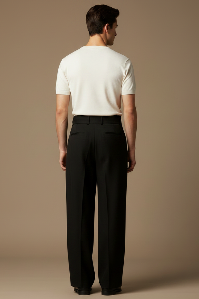 Pantalon Fluide Noir Plissé Droit Élégant Homme - Laine - vue 2