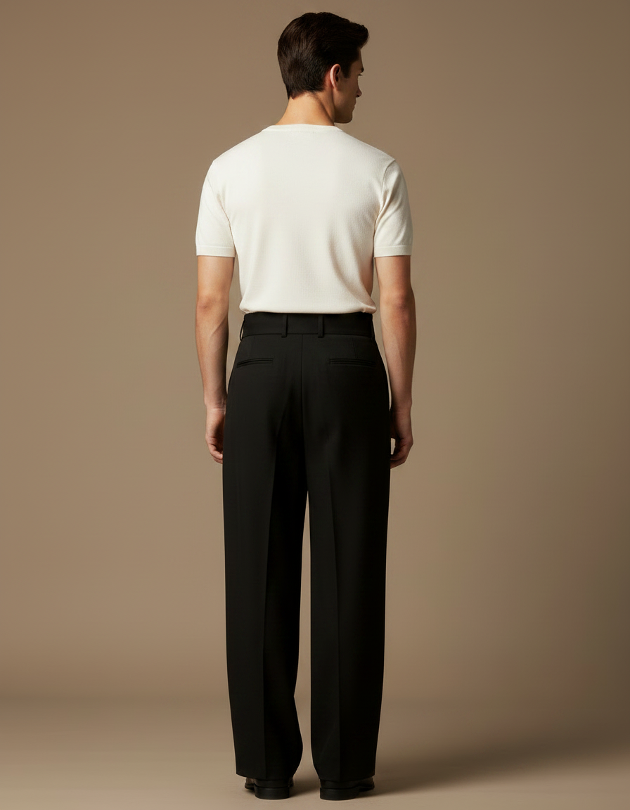Pantalon Fluide Noir Plissé Droit Élégant Homme - Laine - vue 2