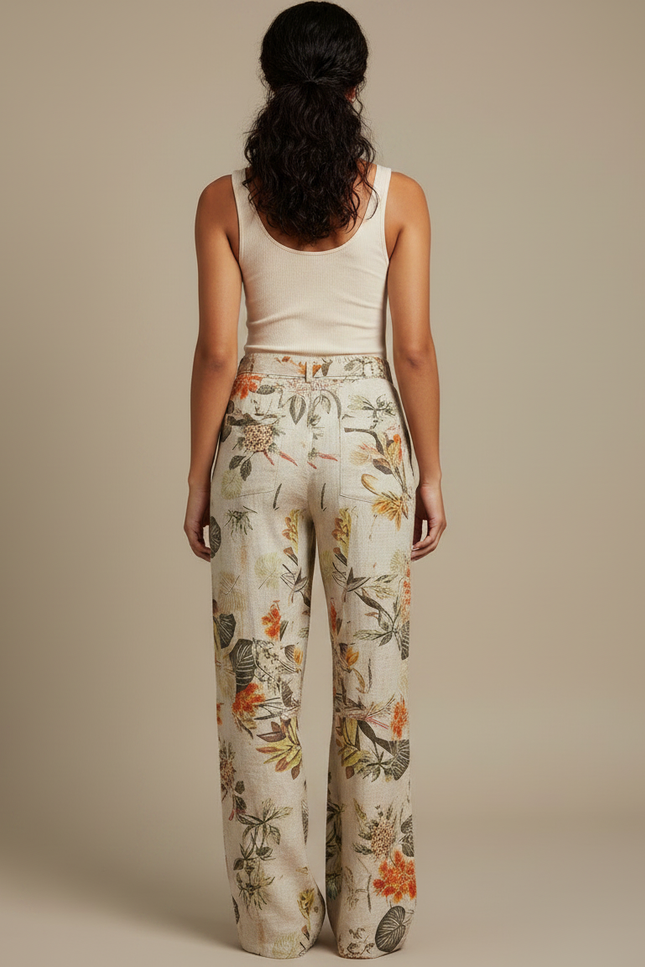 Pantalon Fluide Imprimé Floral Lin Ample Élégant Femme - vue 2