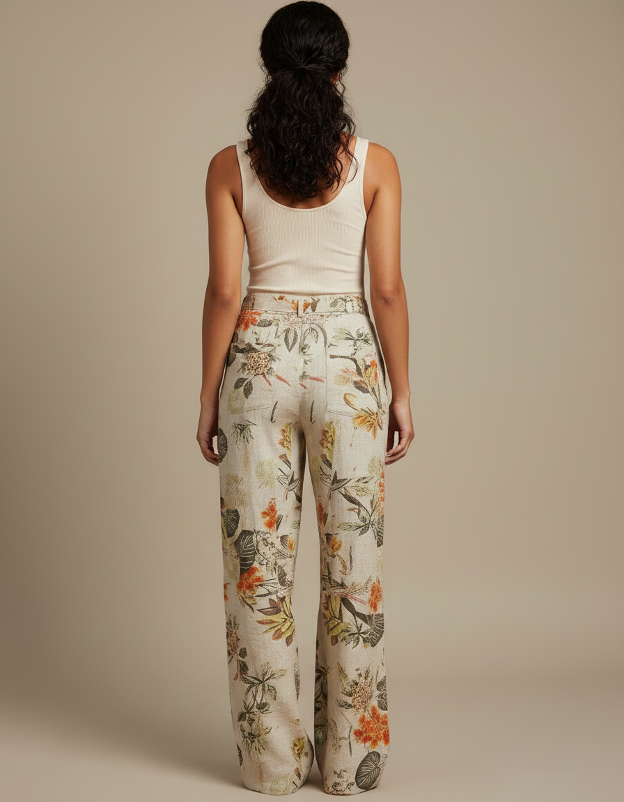 Pantalon Fluide Imprimé Floral Lin Ample Élégant Femme - vue 2
