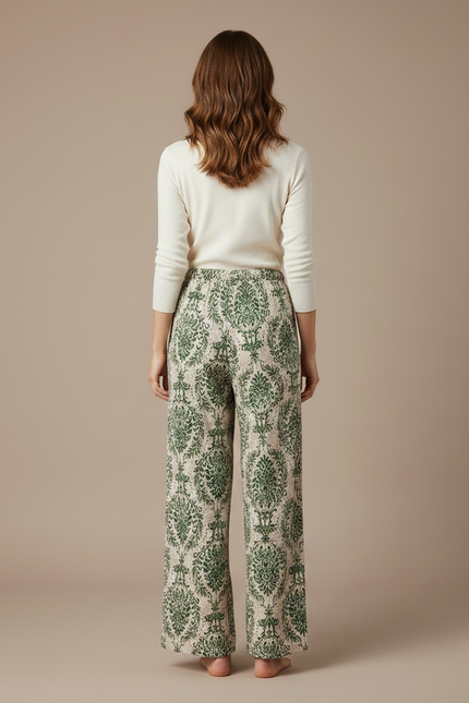 Pantalon Fluide Vert Imprimé Ample Bohème Femme - Viscose - vue 2