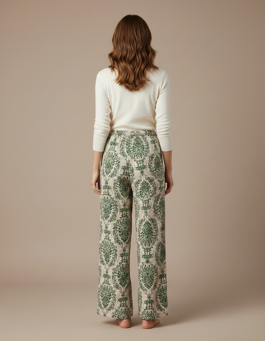 Pantalon Fluide Vert Imprimé Ample Bohème Femme - Viscose - vue 2