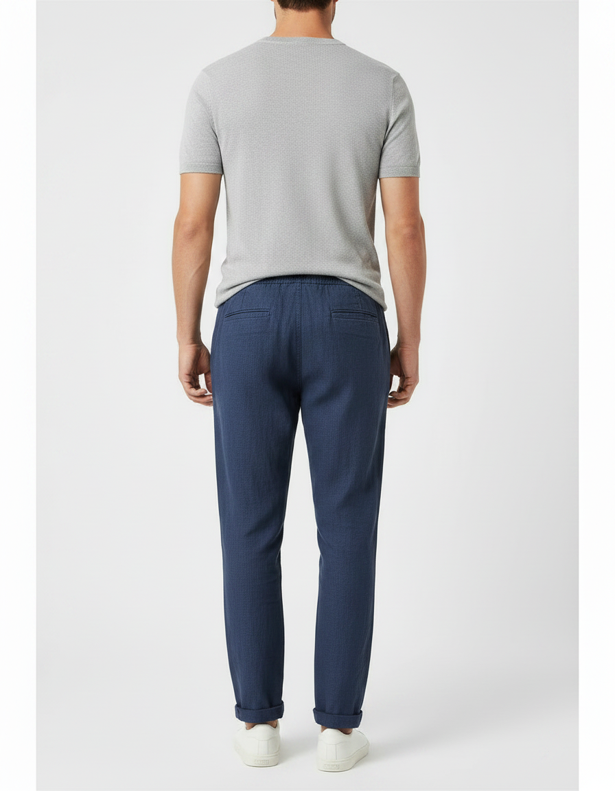 Pantalon Fluide Homme Bleu Marine Lin Décontracté Cordon - vue 2