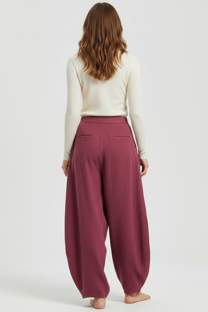 Pantalon Fluide Grenat Ample Coton Lin Élégant - Bordeaux - vue 2