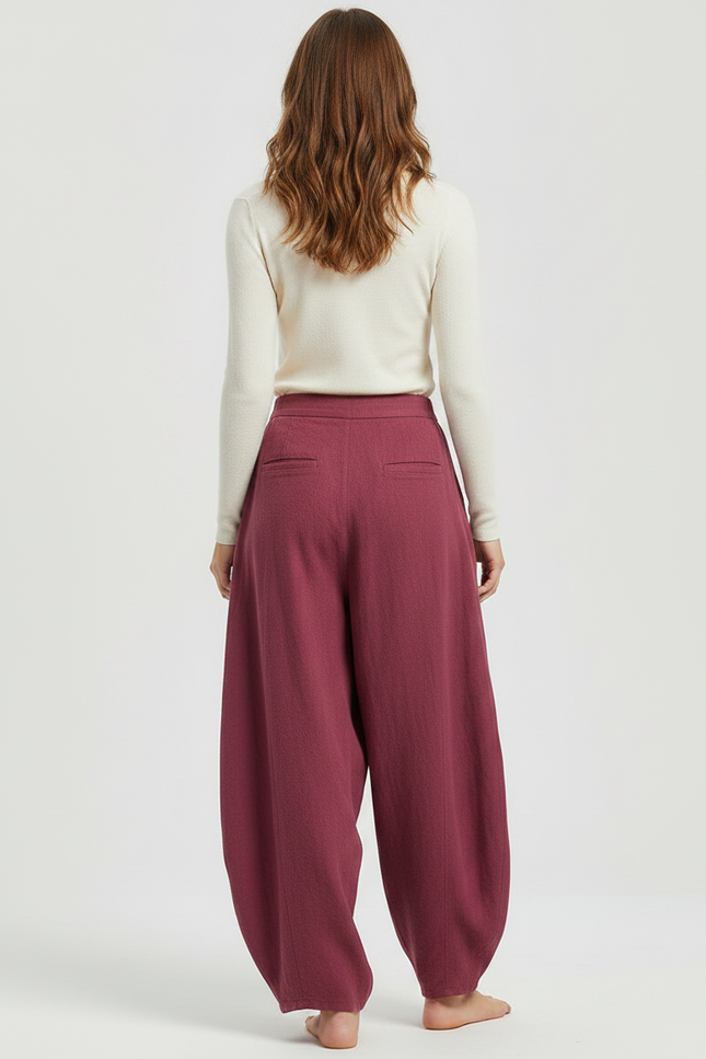 Pantalon Fluide Grenat Ample Coton Lin Élégant - Bordeaux - vue 2