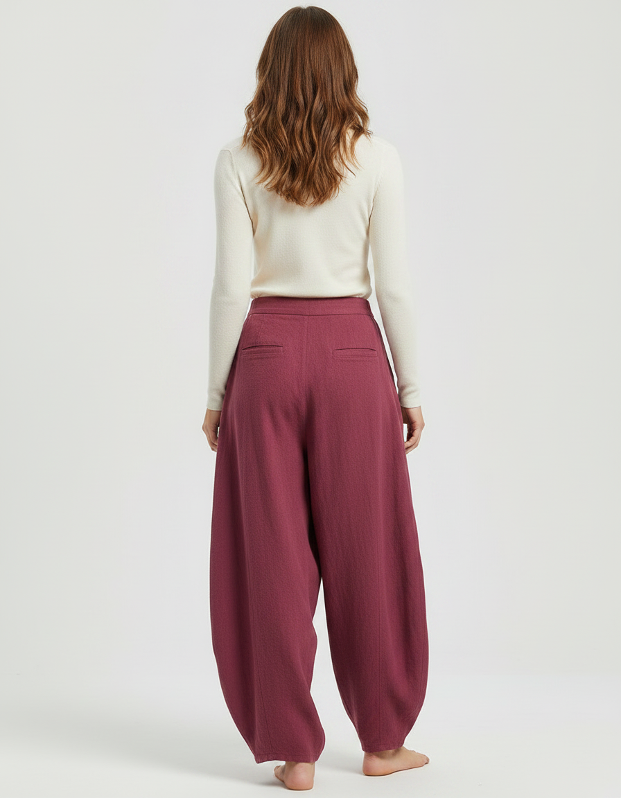Pantalon Fluide Grenat Ample Coton Lin Élégant - Bordeaux - vue 2