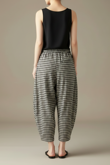 Pantalon Fluide Carreaux Noir Blanc Ample Coton Confortable - Imprimé - vue 2