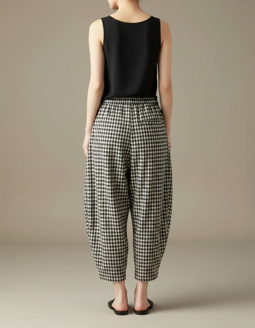 Pantalon Fluide Carreaux Noir Blanc Ample Coton Confortable - Imprimé - vue 2