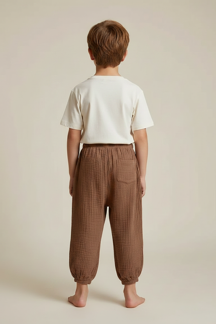 Pantalon Fluide Marron Coton Gaufré Ample Enfant - vue 2