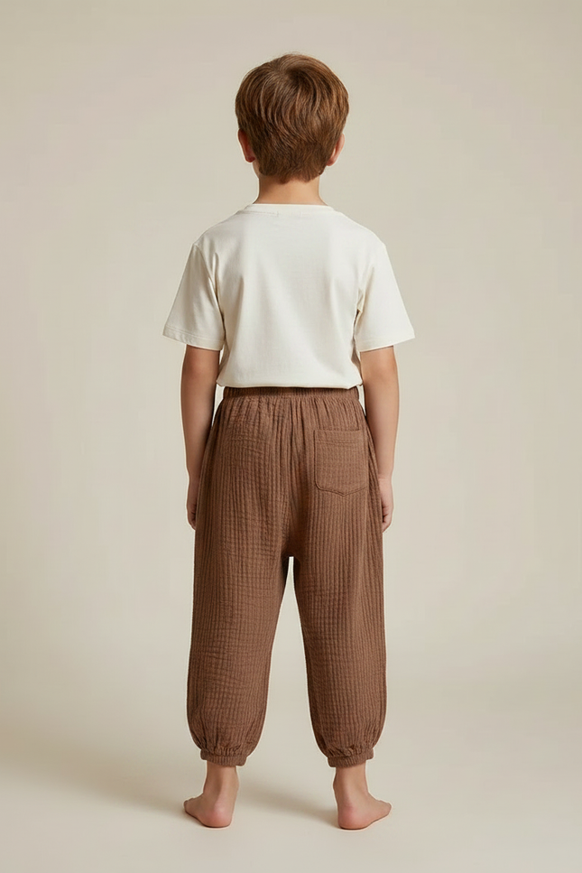 Pantalon Fluide Marron Coton Gaufré Ample Enfant - vue 2