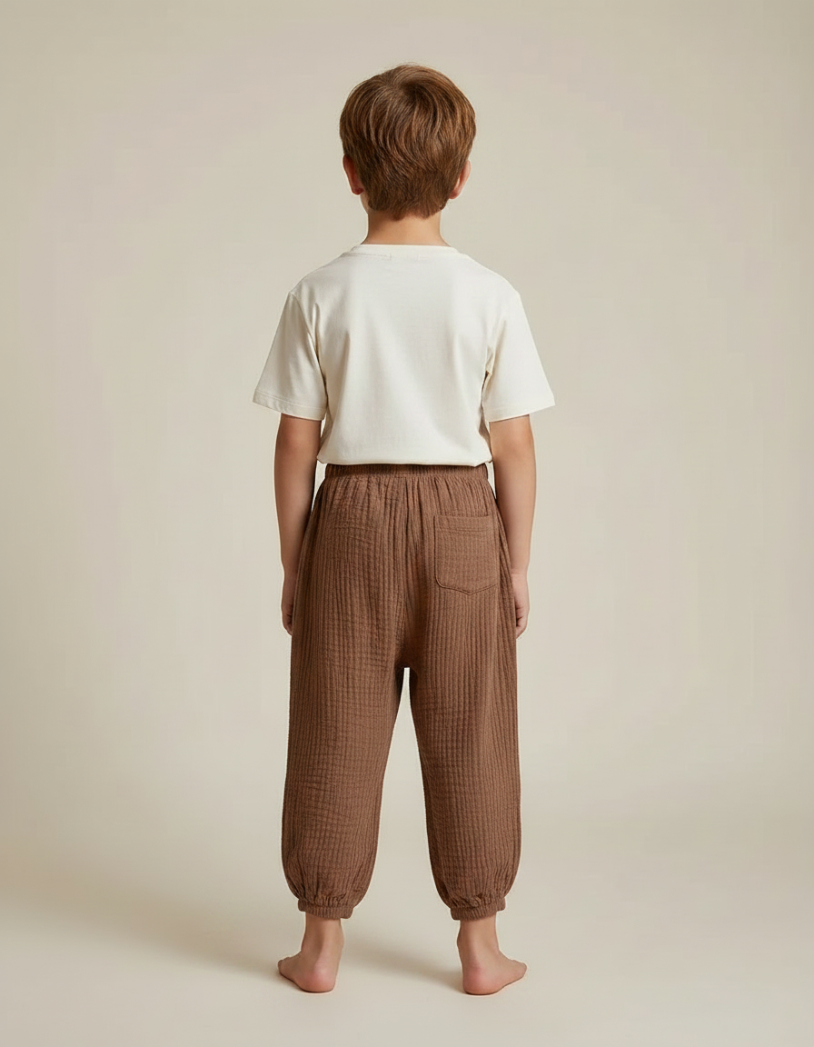 Pantalon Fluide Marron Coton Gaufré Ample Enfant - vue 2
