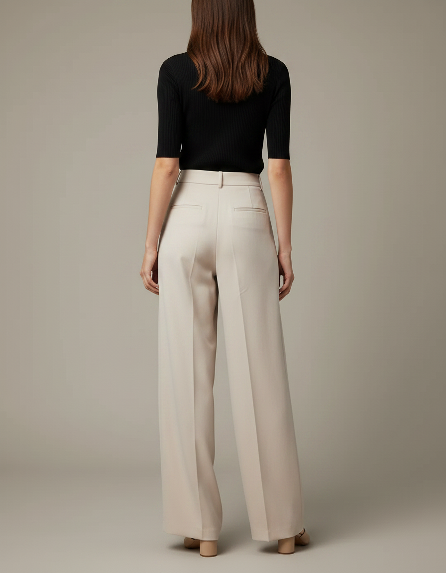 Pantalon Fluide Beige Large Taille Haute Élégant Femme - Viscose - vue 2