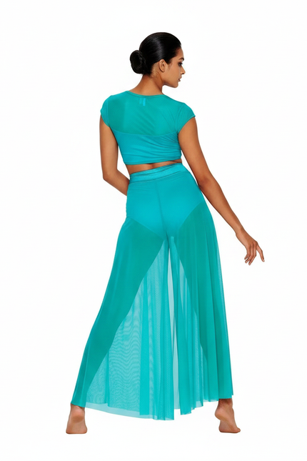 Pantalon Fluide Turquoise Transparent Fendu Large Élégant - Bleu Polyester