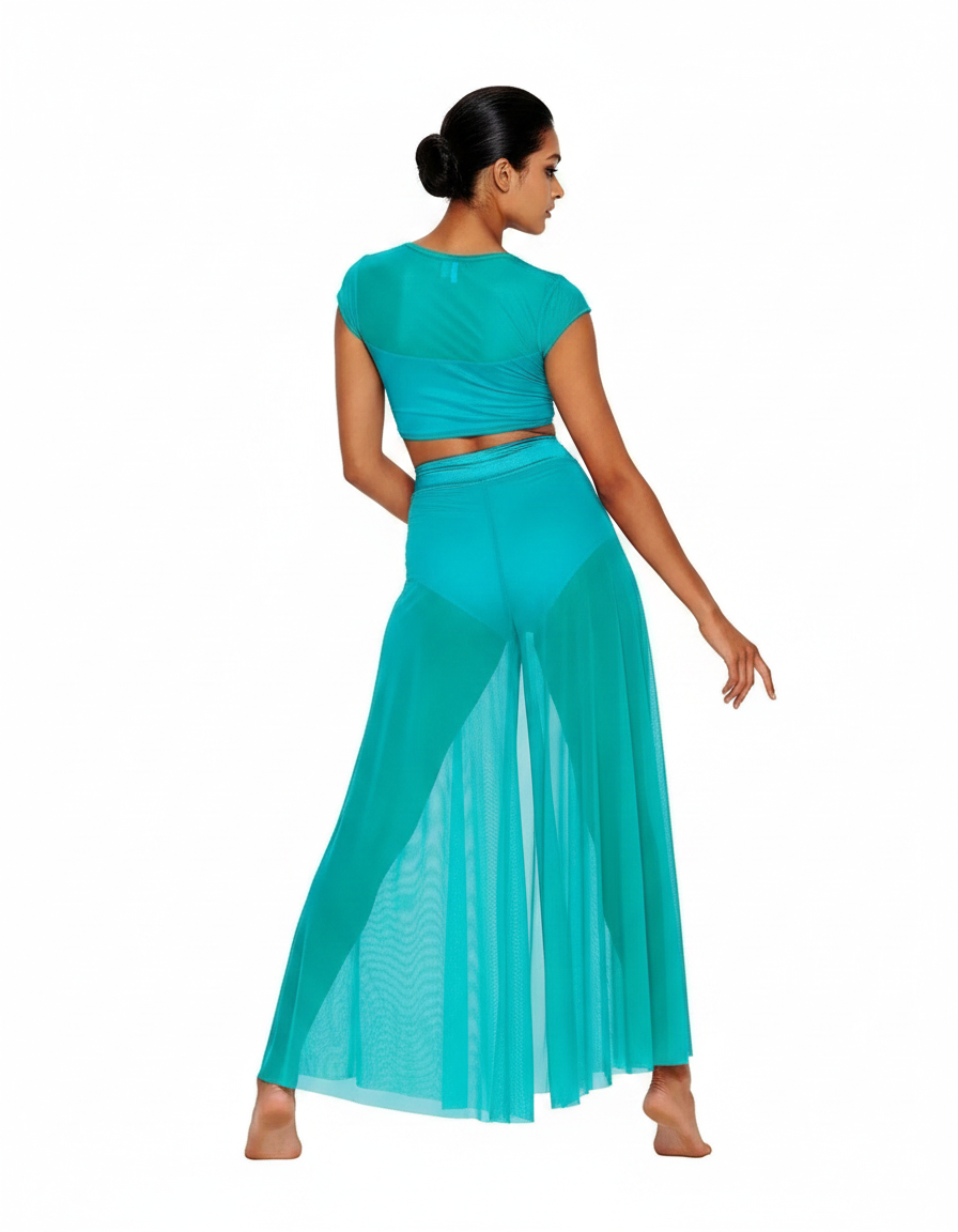 Pantalon Fluide Turquoise Transparent Fendu Large Élégant - Bleu Polyester