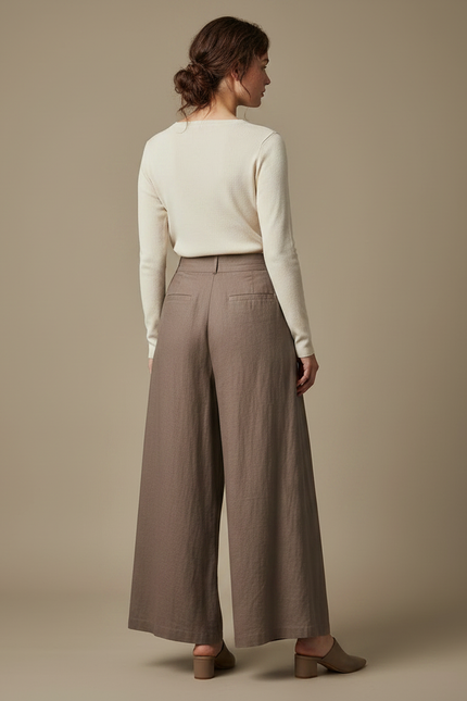 Pantalon Fluide Marron Ample Taille Haute Lin Femme - vue 2