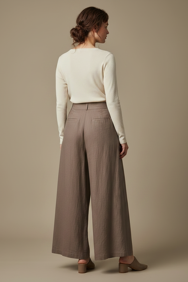 Pantalon Fluide Marron Ample Taille Haute Lin Femme - vue 2