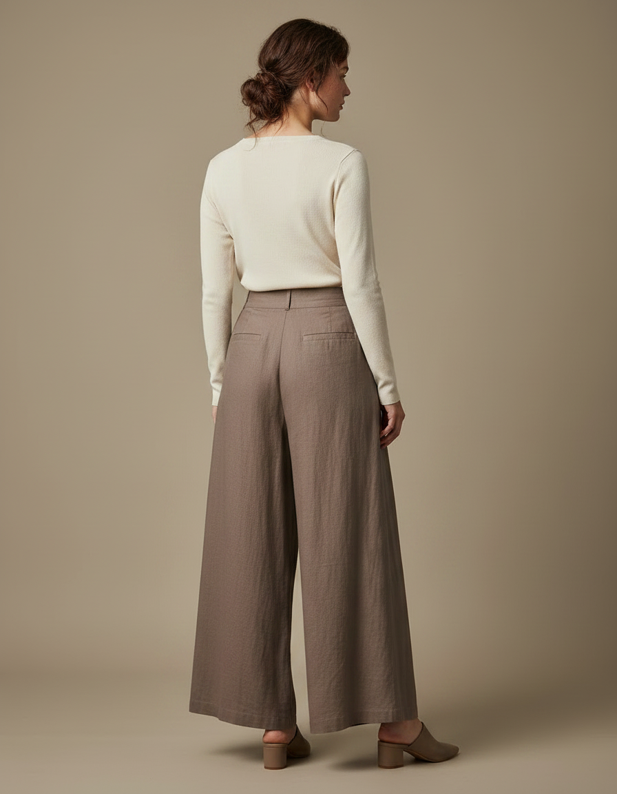 Pantalon Fluide Marron Ample Taille Haute Lin Femme - vue 2