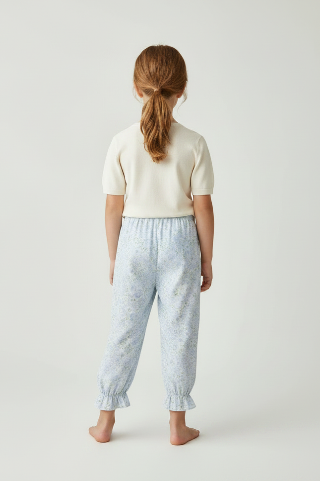 Pantalon Fluide Bleu Ciel Fleuri Ample Coton Enfant - vue 2