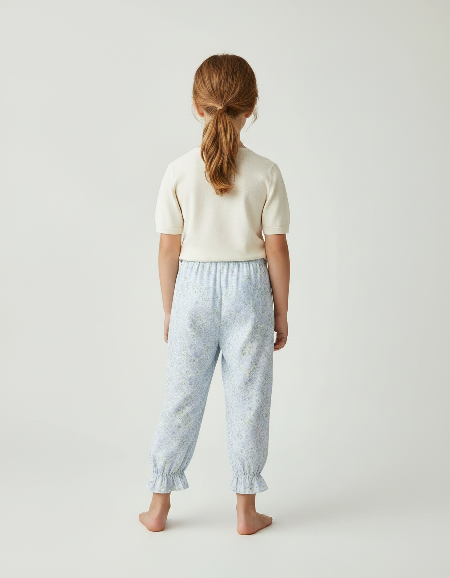 Pantalon Fluide Bleu Ciel Fleuri Ample Coton Enfant - vue 2